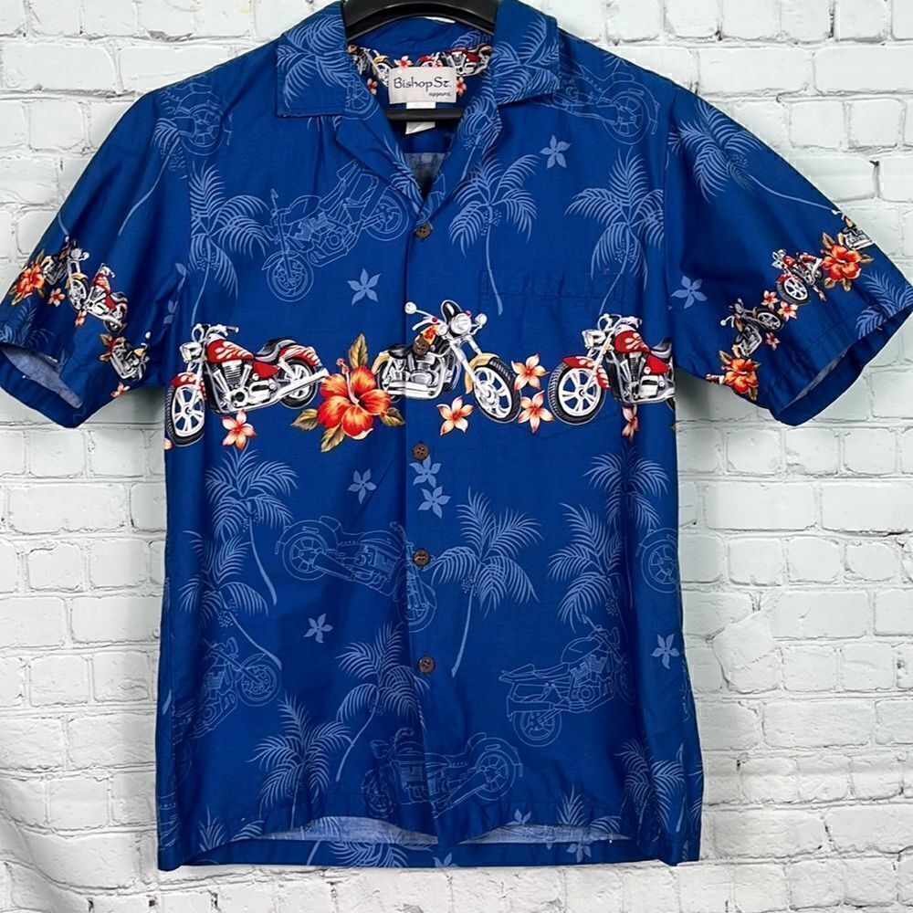 Vintage Bishop Street mens Hawaiian Motorcycle Themed shirt Medium